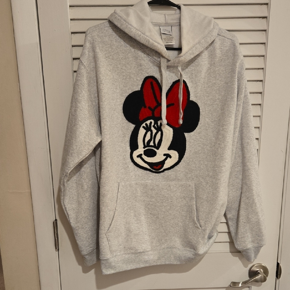 NWOT Gray Fleece Hoodie with cabke knit Minnie Mouse applique